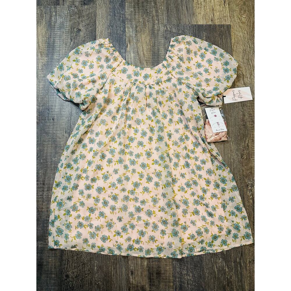 Poppies & Roses Girls Pink Blue Floral Puff Sleeve Casual Dress Size Small NWT